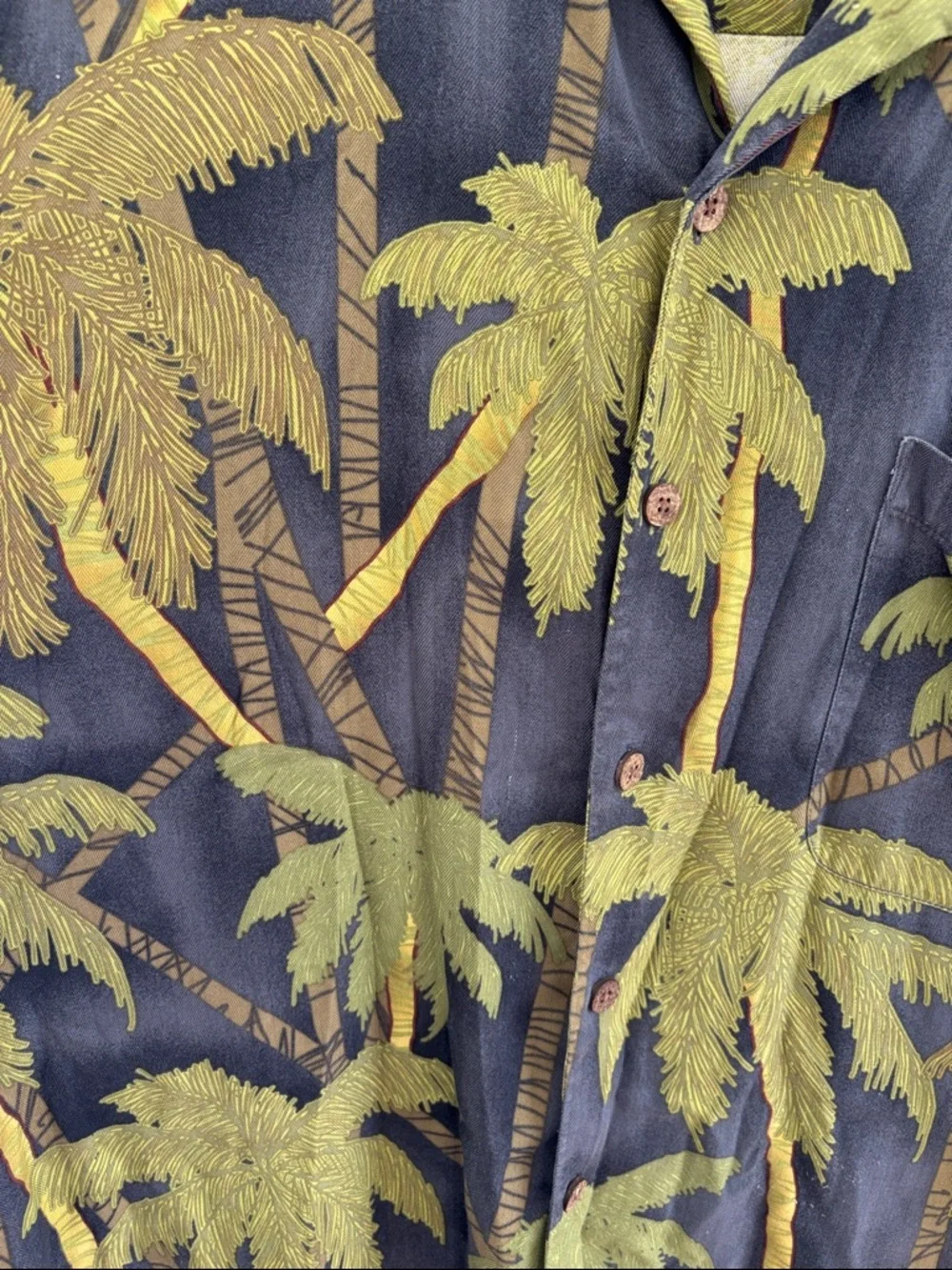 Tommy Bahama Silk Palm Tree Hawaiian Tropical Shirt Gray Green Travel Mens Large